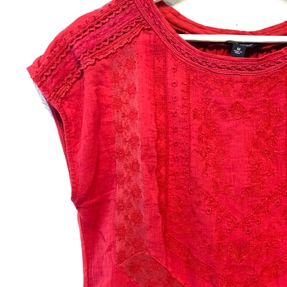 Lucky Brand Floral Lace Embroidery Detail Cap Sleeve Top